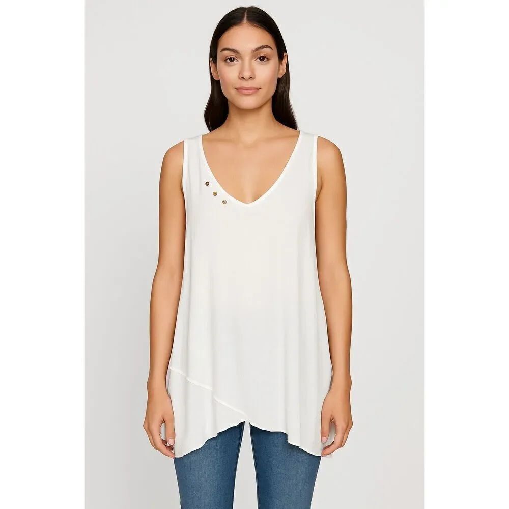 Hailey Lyn White Flowy Sleeveless V-Neck Top w/ Asymmetrical Hem, M